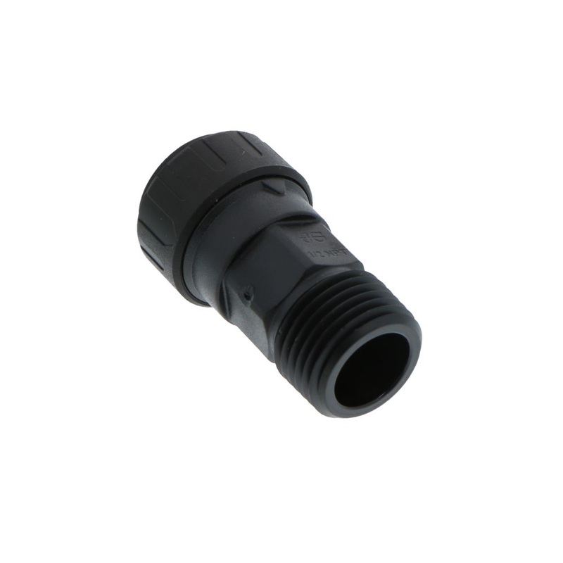 John Guest Black Male Connector – 3/8 CTS x 1/2 NPT