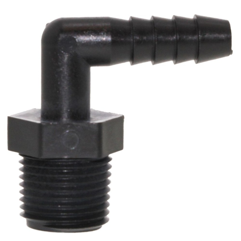 Male Elbow Barb x Male NPT – 5/16 HB x 3/8 MNPT – Black Polypropylene