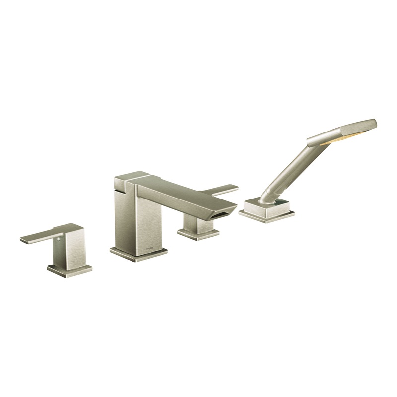 90 Degree Chrome Two-Handle High Arc Roman Tub Faucet including Handheld Shower
