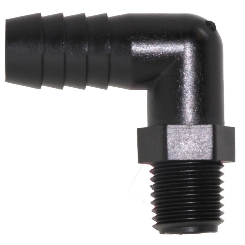 Male Elbow Barb x Male NPT – 1/2 HB x 1/4 MNPT – Black Polypropylene