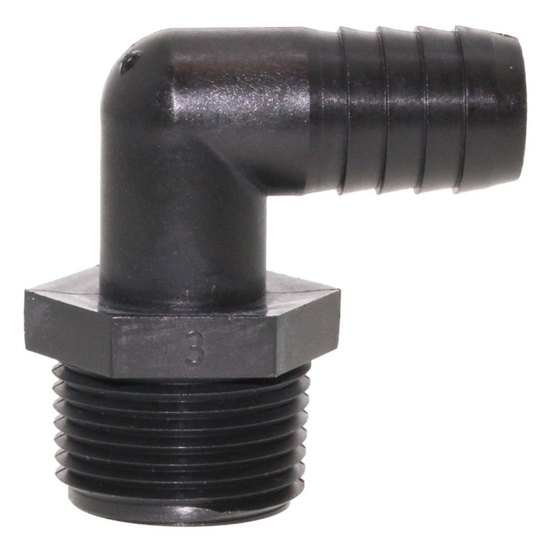 Male Elbow Barb x Male NPT – 5/8 HB x 1 MNPT – Black Polypropylene