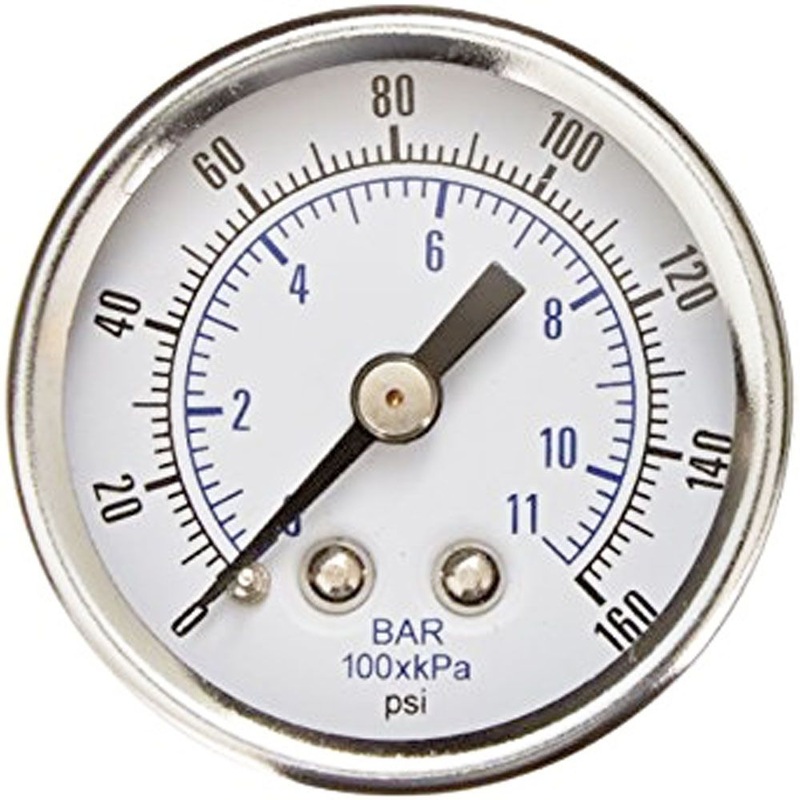 Water Pressure Gauge 160 PSI, 1/8 MPT, 1.5 Glass Dial, Center Mount, Stainless Steel Case