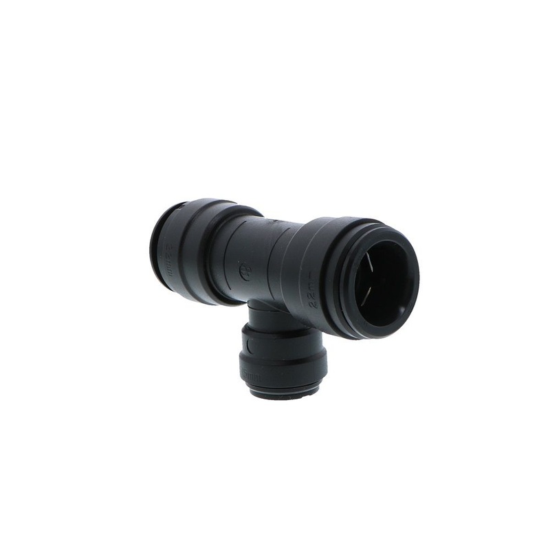 John Guest Reducing Tee BLACK ACETAL – 22mm x 22mm x 15mm