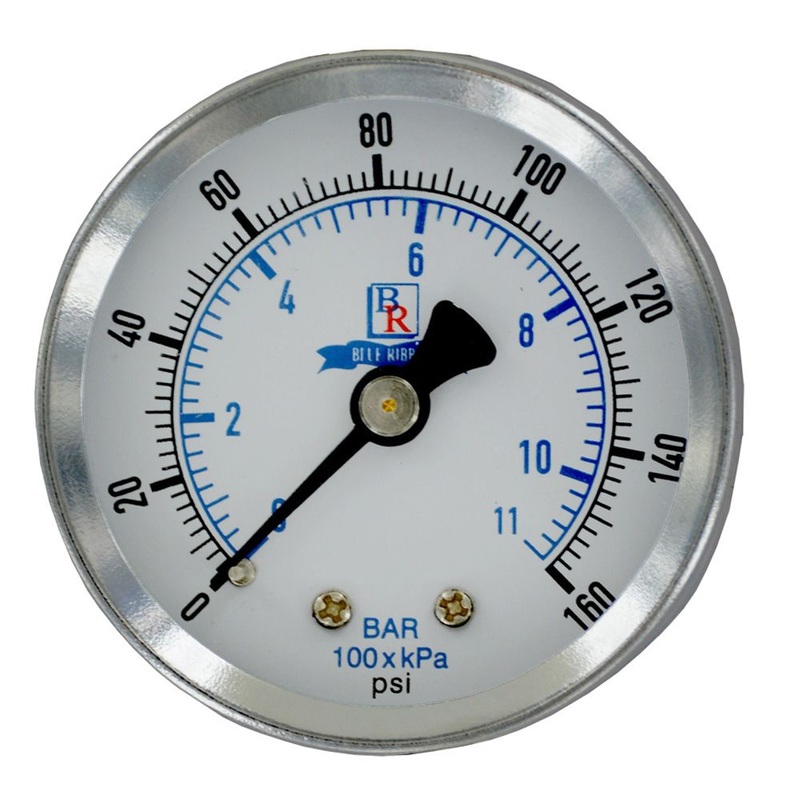 Water Pressure Gauge 160 PSI, 1/4 MPT, 2.0 Glass Dial, Center Mount, Black Steel Case