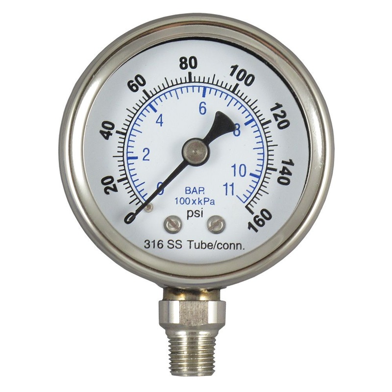 Water Pressure Gauge 160 PSI, 1/4 MPT, 2.5 Glass Dial, Lower Mount, SS Case
