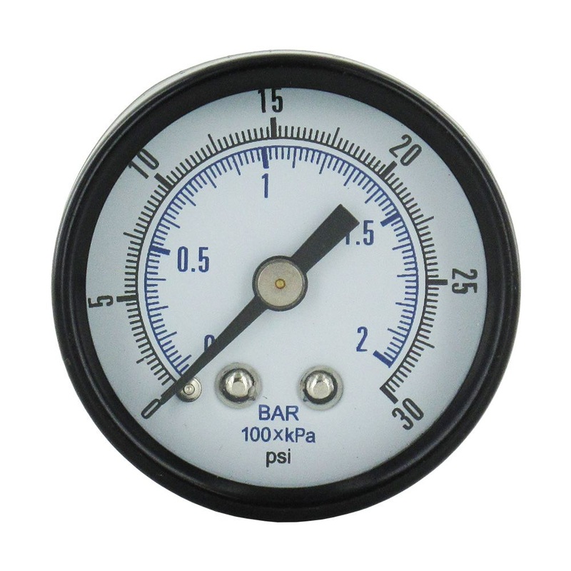 Water Pressure Gauge 30 PSI, 1/8 MPT, 1.5 Glass Dial, Center Mount, Black Steel Case