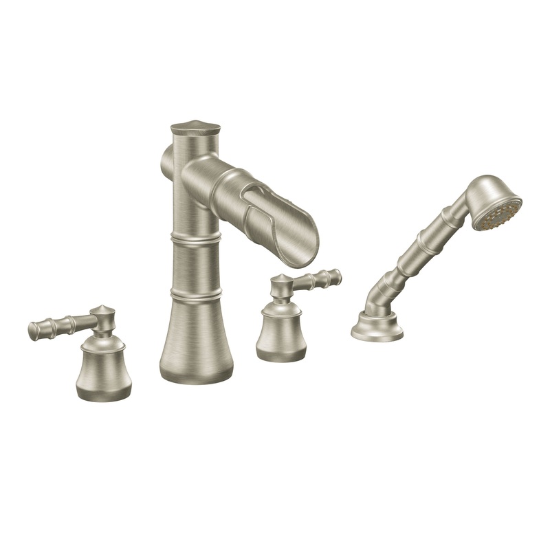 Bamboo Brushed nickel two-handle open waterway roman tub faucet includes hand shower