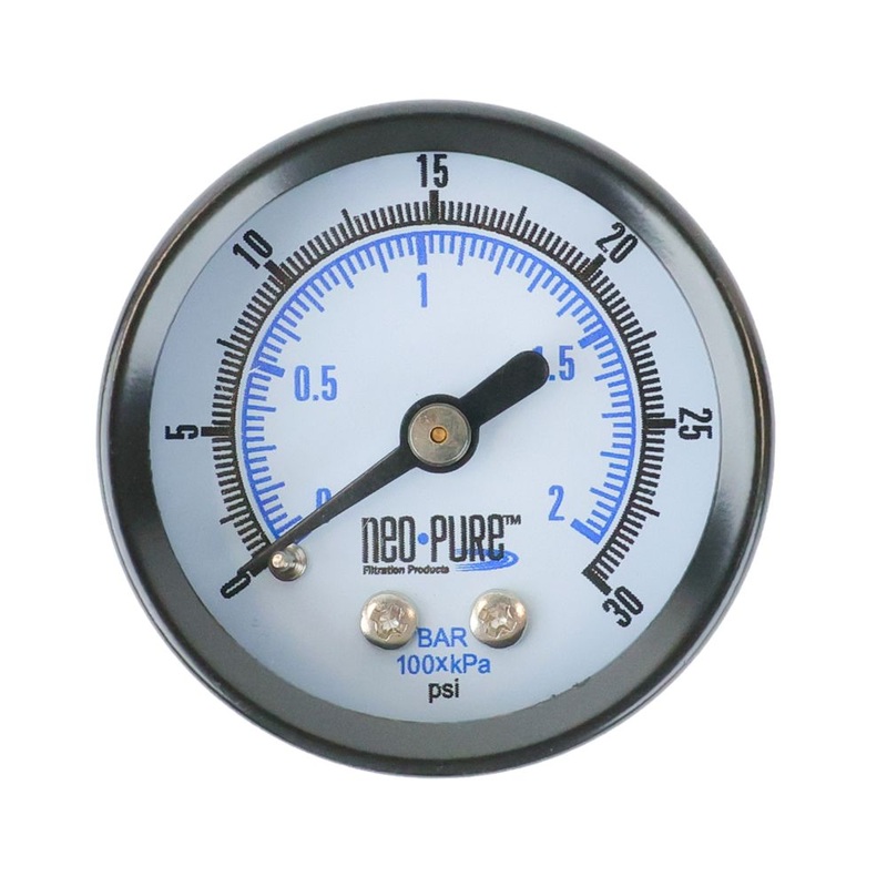Water Pressure Gauge 30 PSI, 1/8 MPT, 1.5 Glass Dial, Center Mount, Chrome Plated Case