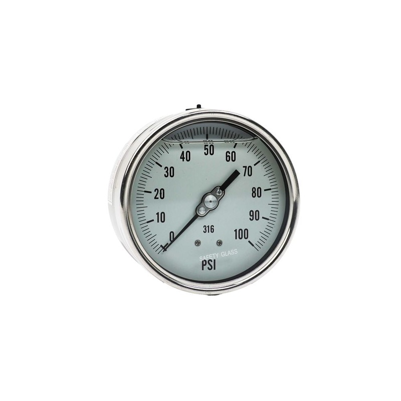 Water Pressure Gauge 100 PSI, 1/4 MPT, 4 Dial, Lower Back Mount, All SS