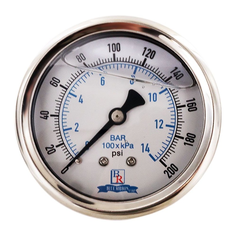 Water Pressure Gauge 200 PSI, 1/4 MPT, 2.5 Plastic Dial, Center Mount, SS Case