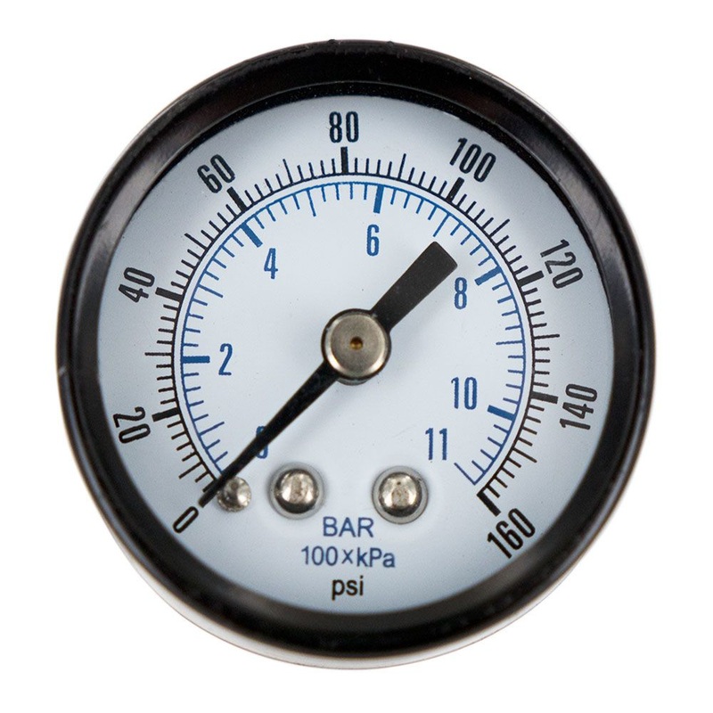 Water Pressure Gauge 160 PSI, 1/8 MPT, 1.5 Glass Dial, Center Mount, Black Steel Case